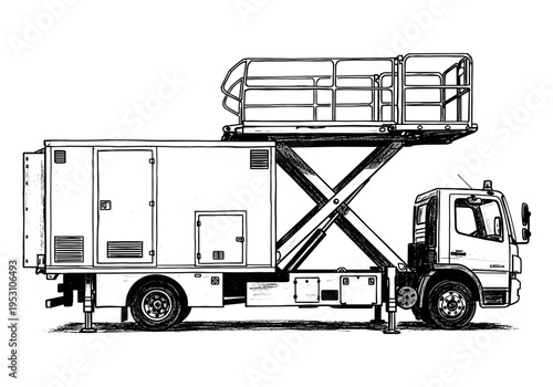 Line art illustration of a mobile elevated work platform truck with a scissor lift mechanism