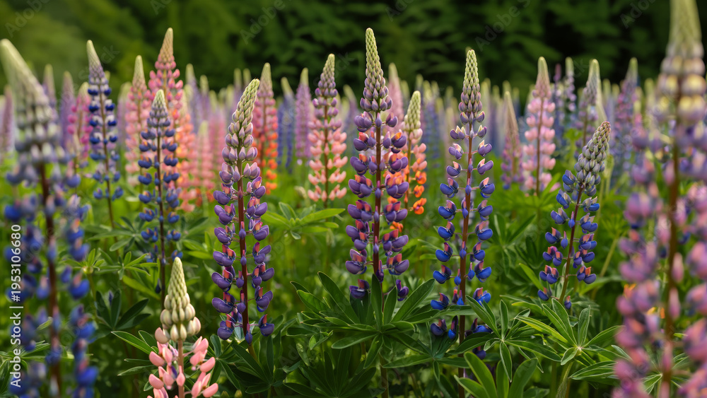 Obraz premium Close up of colorful lupine flowers in a summer meadow, vibrant purple and pink wildflowers with soft bokeh background
