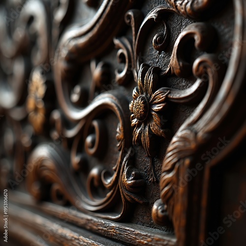 Detailed view of antique carved wood ornament. Intricate floral patterns and scrollwork adorn a dark wooden surface. Old craftsmanship showcases texture and detail.