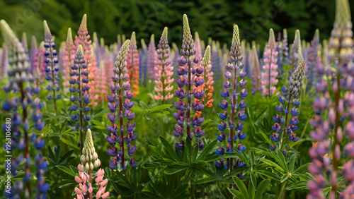 Close up of colorful lupine flowers in a summer meadow, vibrant purple and pink wildflowers with soft bokeh background