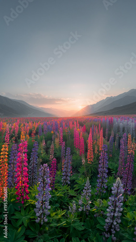 Stunning lupine field at sunrise in mountain valley, beautiful floral landscape with morning sun rays