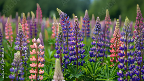 Vibrant lupine flowers in a summer meadow, close up of purple and pink wildflowers with soft natural bokeh background