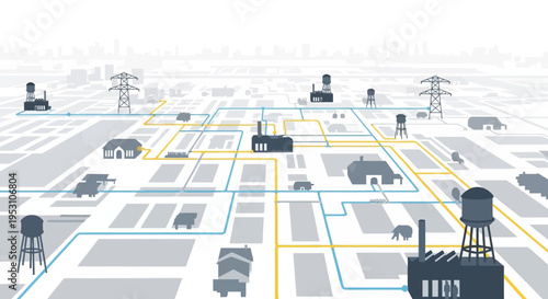 Abstract Isometric Illustration of a Smart City Utility Grid with Power Lines, Water Towers, and Industrial Factories Connected by Distribution Networks