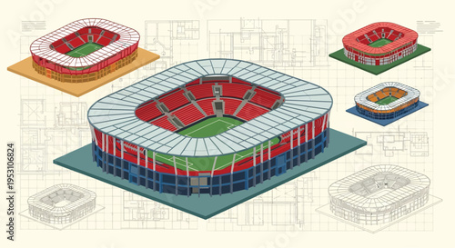 Isometric illustrations of a football stadium in various stages of design
