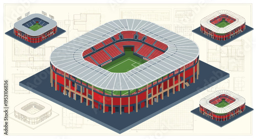 Isometric view of a soccer stadium with architectural plans surrounding it