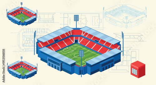 Isometric illustration of a soccer stadium with architectural blueprint details