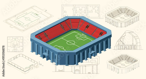 Isometric illustration of a football stadium with architectural sketches