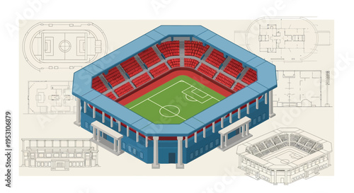 Isometric illustration of a soccer stadium with architectural plans nearby