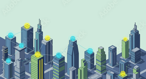 Isometric Smart City Network Illustration with Connected Futuristic Skyscrapers and Digital Data Communication Nodes