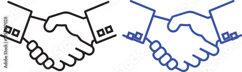 Handshake Collaboration: A minimalist outline of two hands clasped in a firm handshake, symbolizing agreement and partnership, rendered in both black and blue hues.