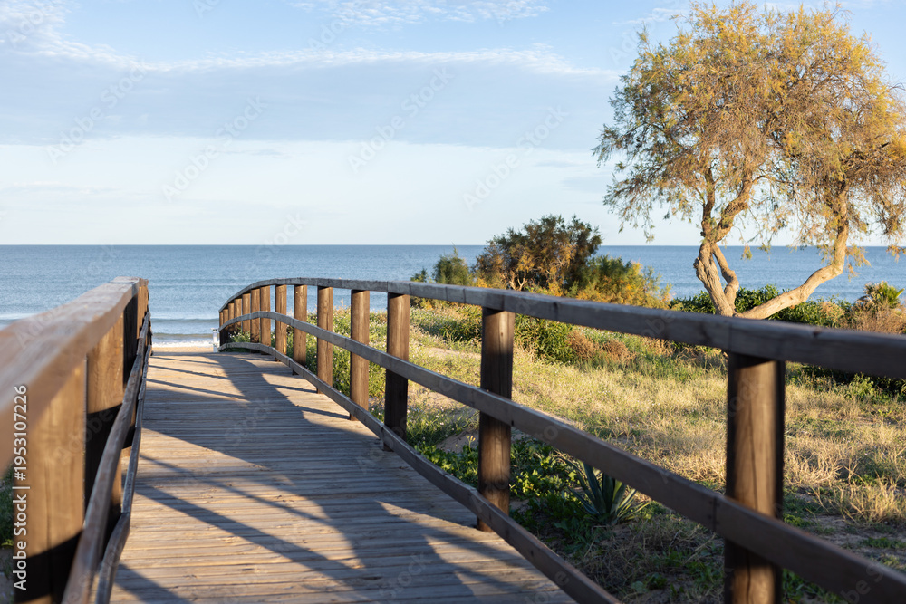 Fototapeta premium Wooden pier at sunset along the dune beach.
