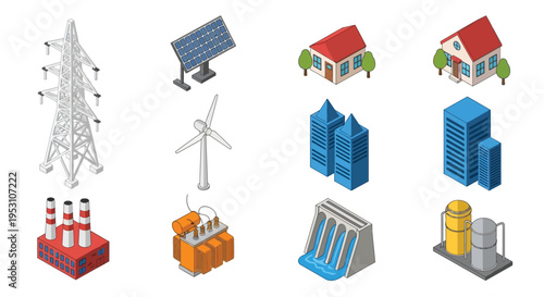 Isometric illustration of various power generation and infrastructure elements