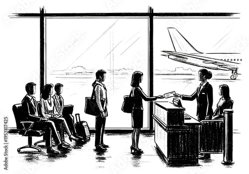 Business travelers checking in at airport counter with airplane visible outside the window