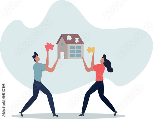 Volunteers working together to achieve common target .House assembly from donated materials for poor family .person's life situation and his activities.