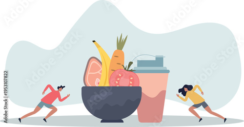 Food diet for slimming, gym muscle growth or fitness energy with vegetables, meat and fruits products.person's life situation and his activities.