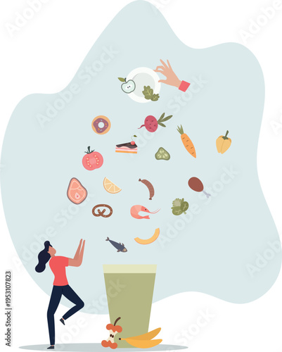 Food waste and meal leftovers garbage reduce awareness.Throw away groceries in trash after shelf life end .person's life situation and his activities.