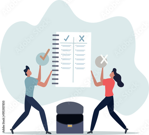 Pros and cons comparison with two choices to compare.Planning risk and benefits strategy with argument analysis .person's life situation and his activities.