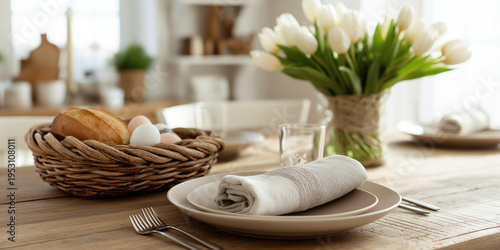 A beautifully arranged Easter tablescape features crystal glassware, speckled eggs, a twig nest, white tulips, and soft linens.