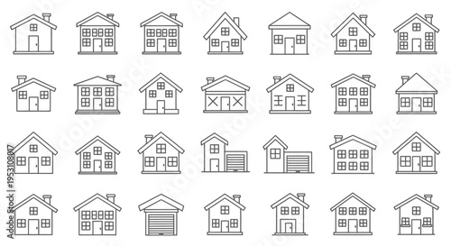 line art collection of residential house icons and building symbols depicting various architectural styles for real estate concepts.