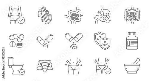 line art icons representing gut health digestion probiotics healthy weight loss and immunity concepts for wellness