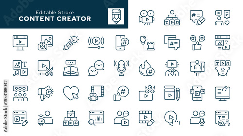 Content creator. Set of outline icons. Media content, blogger, podcast, live streaming, create digital design, social network and more. Line icon in linear style. Vector collection	