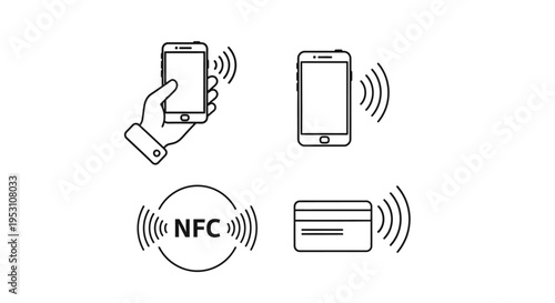 mobile payment and nfc technology vector icons showing secure contactless credit card and smartphone transactions