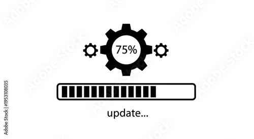 software update progress indicator showing 75 completion with cogwheels and a loading bar illustrating system installation.