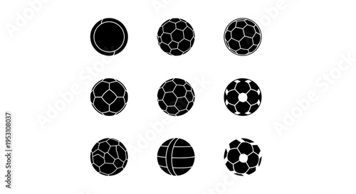 various sports ball vector icons in black and white featuring soccer and volleyball designs ideal for graphic resources and athletic themes.