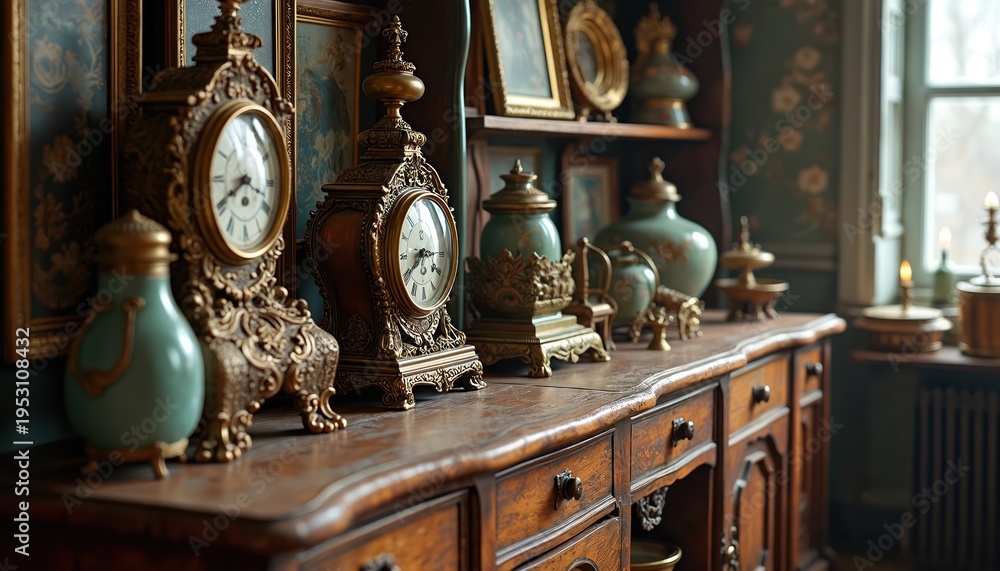 Ornate antique clocks and decorative vases rest on a vintage wooden sideboard. Richly detailed objects suggest a collector passion for past eras and timeless style. Collection of old items.