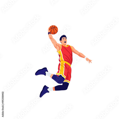 Dynamic basketball player in mid-air performing a powerful slam dunk.