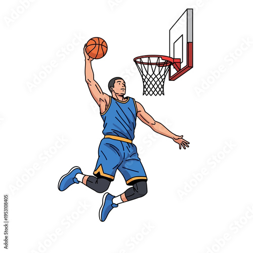 Dynamic basketball player in mid-air performing a powerful slam dunk.