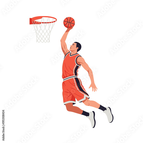 Dynamic basketball player in mid-air performing a powerful slam dunk.