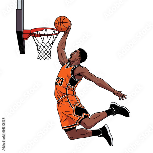 Dynamic basketball player in mid-air performing a powerful slam dunk.