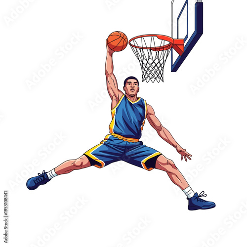 Dynamic basketball player in mid-air performing a powerful slam dunk.