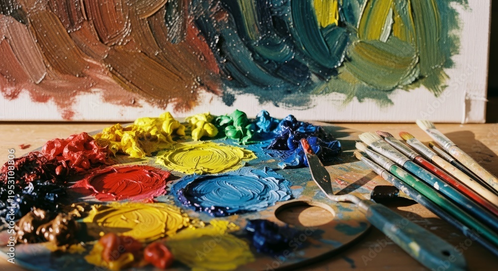 Fototapeta premium Artist palette with vibrant paints and brushes on wooden table