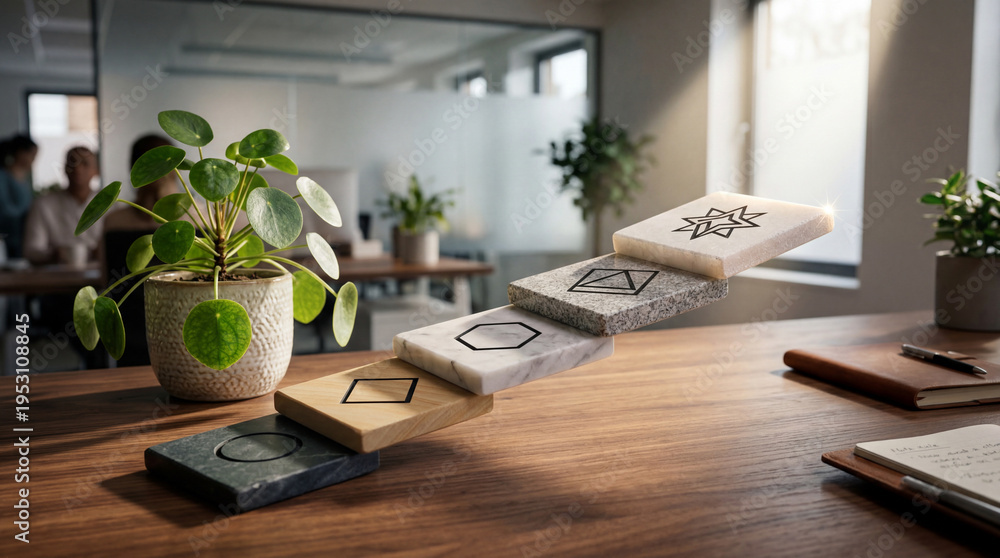Fototapeta premium Stacked stone and wood tiles featuring engraved geometric symbols resting on an office desk