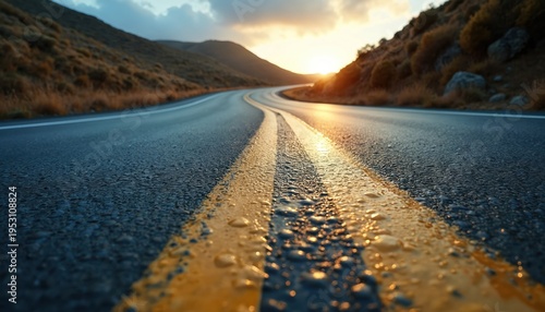 Winding asphalt road with yellow dividing line runs through hilly landscape under cloudy sky. Sunlight reflects on wet road surface after rain, creating sparkling patterns on asphalt.