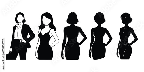 Elegant Women Silhouette Collection Black Vector Female Fashion Figures Set Isolated