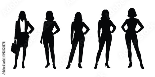 Stylish Women Silhouette Set Black Female Figures Collection Fashion Models Vector Illustration