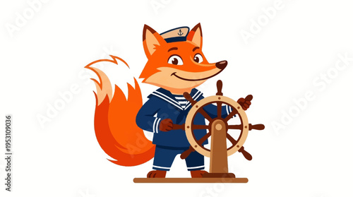Cute cartoon fox dressed as a sailor, steering a ship's wheel with a confident expression, isolated on a white background