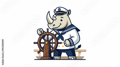 Whimsical Rhinoceros Captain Steering a Ship's Wheel in a Nautical Uniform Illustration