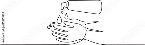 Washing hand with sanitizer liquid soap. one line art icon drawing vector