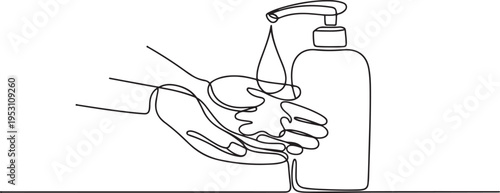 Washing hand with sanitizer liquid soap. one line art icon drawing vector