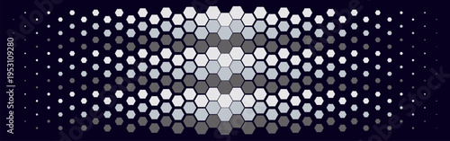 Black seamless hexagonal pattern. Repeating honeycomb texture. Geometric hexagonal halftone background. Retro tech dotted wallpaper. Contrasting minimalism, symmetry, and technological design.