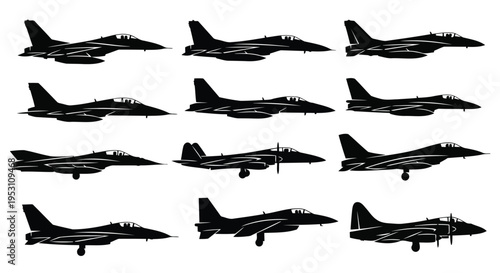 Collection of various military jet aircraft in silhouette profile view