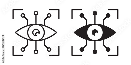 AI eye scanner icon designed in black stroke and fill styles, isolated on a white background. Ideal for biometric authentication, security, and artificial intelligence concepts.