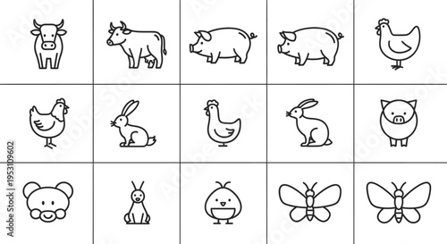 minimalist outline animal icons set featuring farm creatures domestic pets and insects ideal for educational resources and app design.