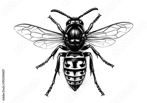 Detailed black and white illustration of a bee with intricate features