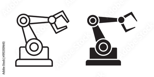 Machine arm icon designed in black stroke and fill styles, isolated on a white background. Ideal for industrial automation, robotics, and manufacturing concepts.