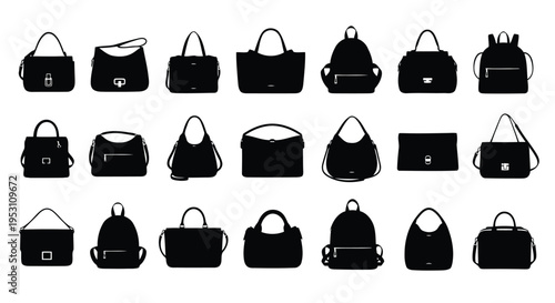 Assorted black handbags and shoulder bags in various styles and designs